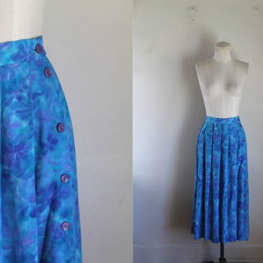 Vintage 1980s Blue Watercolor Floral Silk Midi Skirt / XS 