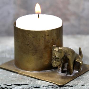 Terrier Dog Votive Candle Holder in Brass - Vintage Brass Candle Holder, circa 1980s/1990s - Battery Operated Votive Included 