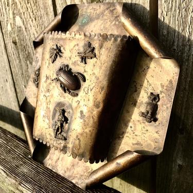 Antique Arts and Crafts Wall Pocket Spill Vase ca Late 19th Early 20th Century Bugs Beetles Owl Children 