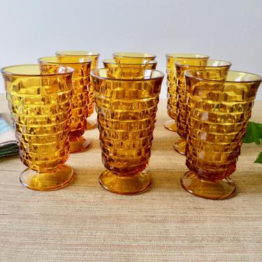 Vintage Whitehall Glasses Ice Tea - Amber - Harvest Gold by Indiana Glass - Set of 9 - Footed Tumblers 