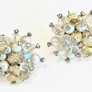 Vendome crystal and &amp;quot;pearl&amp;quot; cluster earrings silver toned 