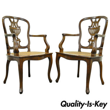 Pair of Hand-Carved Italian Venetian Cane Seat Arm Chairs in the French Taste