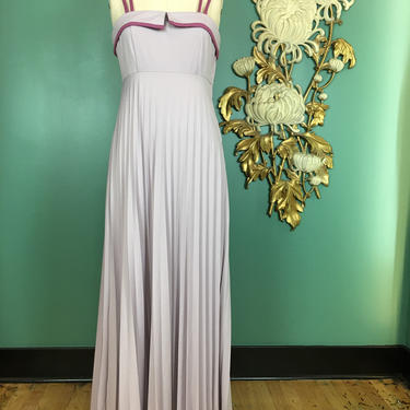 1970s maxi dress, lilac dress, vintage 70s dress, accordion pleat dress, size medium, 2 tone purple, long pleated dress, mod, retro, summer 