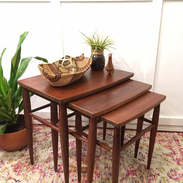 Walnut Nesting Tables Mersman, Vintage 1960s Mid Century End Table Set of three 