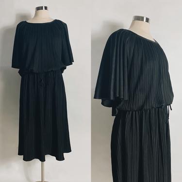 Vintage Black Pleated Skirt Batwing Sleeve Dress 1970s 