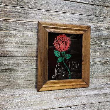 Vintage Love You Wall Decor, 1970s Glitter Rose Picture, Valentines Day Gift, Retro Carnival Glitter Art, Anniversary Gift, Vintage Holiday 