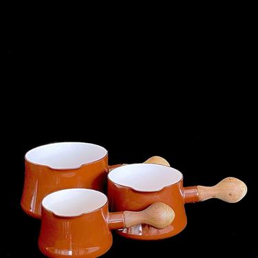 Dansk Kobenstyle Collection of 3 BROWN Enameled Pots w/ Wood Handles Jens Quistgaard Design Mid Century Modern Cookware France 1970s 