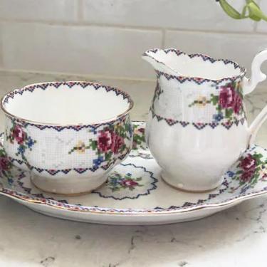 3 Piece of Vintage - Rare ROYAL ALBERT Bone china Petit Point Design Cream and Sugar bowl with Tray by LeChalet