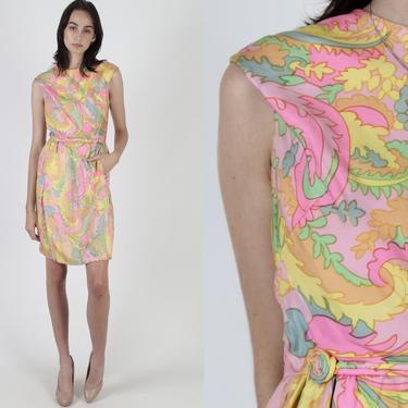 60s Psychedelic Pockets Dress / Neon Abstract Op Art Dress / 1960s Bright Pink Neon Dress / Twiggy Summer Scooter Mini Dress 