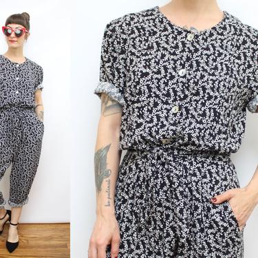 Vintage 90's Black Hearts Jumpsuit / 1990's Hearts Rayon / Pockets / Spring Summer / Women's Size Medium by Ru