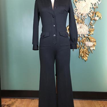 1970s jumpsuit, vintage jumpsuit, black polyester, size small, loubella, workwear style, bell bottoms, 26 27 waist, long sleeve, mod, retro 