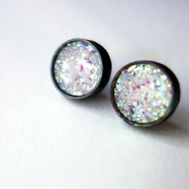 White and Black Druzy Studs in Oxidized Sterling Silver 