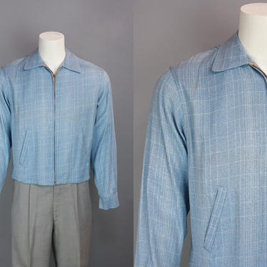 1950s Ricky Jacket | Vintage 50s Men's Pale Blue Gabardine Jacket with White Windowpane and Dark Blue Fleck | Medium / Large 