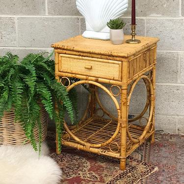 Vintage Rattan Table Retro 1990s Bohemian + End or Side Table + Woven Frame + One Drawer + Open Shelving + Tan and Brown + Boho Furniture 