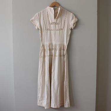 Vintage Off White Lace &amp; Cotton Linen Short Sleeve Summer Dress Women's Size XS 