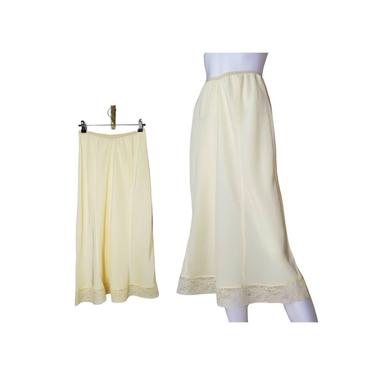 Vintage 1940s Slip, Small Medium / Pastel Yellow Half Slip / Eight Panel Skirt Slip / Lace Hem Midi Skirt Slip / Silky Cold Rayon Lingerie 