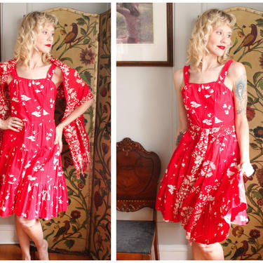 1980s Dress // Hawaiian Floral Red Dress & Shawl // vintage 80s dress 