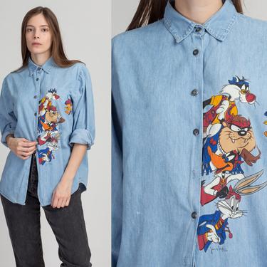 Looney Tunes Chambray Button Up Shirt - Men's Medium | Vintage Disney Jerry Leigh Graphic Long Sleeve Collared Top 