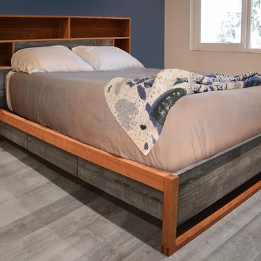 Platform storage bed, Cherry and reclaimed wood, headboard storage and charging, Bed with drawers, Queen bed, King bed, Underbed drawers, 