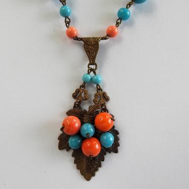 Antique Art Deco Turquoise and Coral Glass Bead Necklace with Brass Leaf Pendant 