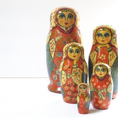 Vintage Russian Nesting Dolls Set of Matryoshka Wood Folk Art Childrens Gift Kids Gift Painted Wooden Dolls Souvenir Russia Doll Set 
