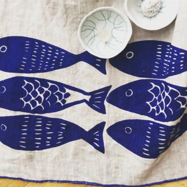 Linen fabric Tea Towel, Scandinavian Sardines Blue Fish, Kitchen, Minimalist print, Hostess gift, Housewarming gift, Unpaper Towels 