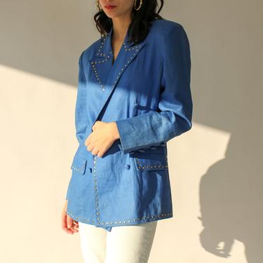 Vintage 90s Studded Double Breasted Linen Blazer | Cobalt Blue Linen with Peak Lapel | 1990s Designer Linen Broad Shoulder Studded Jacket 
