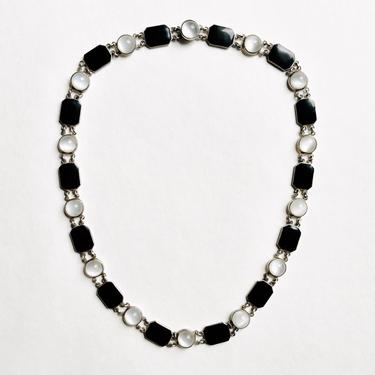 Antique Art Deco Sterling Silver Black Enamel & Glass Moonstone Collar Necklace 