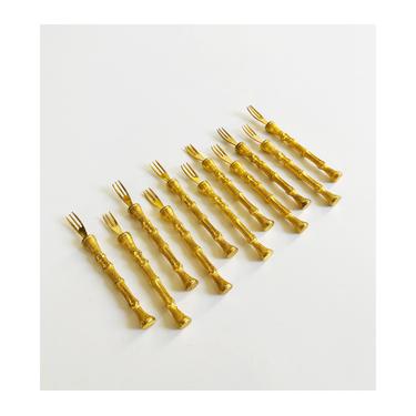 Vintage Golden Bamboo Cocktail Forks / Set of 11 