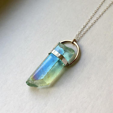 Green Crystal Pendant in Handmade Sterling Silver and 14k Gold Fill 