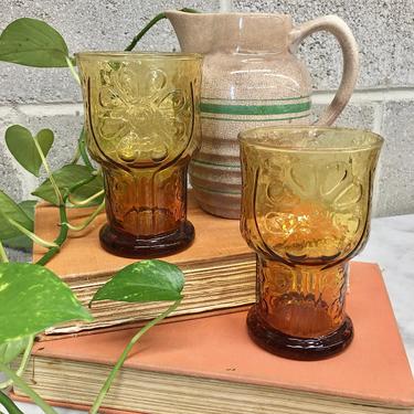 Vintage Drinking Glass Retro 1970s Libbey + County Garden + Clear + Amber + Set of 2 + Embossed Flower + Tumblers + Home + Kitchen Decor 
