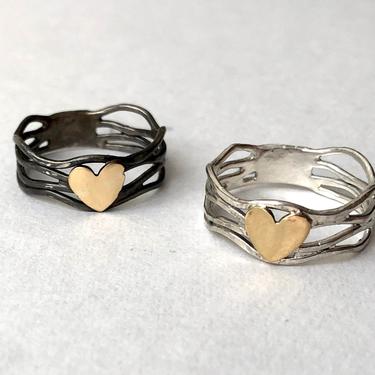 Sterling Silver Nest Heart Ring with Brass Heart Handmade By Rachel Pfeffer 