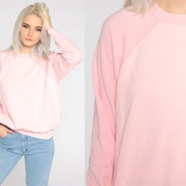 Pink Crewneck Sweatshirt 80s Sweatshirt Raglan Sleeve Plain Baby Pink Long Sleeve Shirt Slouchy 1980s Vintage Sweat Shirt Small by ShopExile