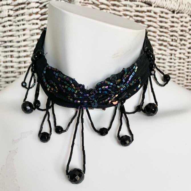 Glam Beaded Choker, Dangle Beads Fringe, Iridescent, Flapper Style Necklace, Goth Fashion 