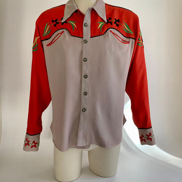 1930'S-40's Western Gabardine Shirt - Two-Tone - Chain Stitch Embroidery - Slash Pockets - Men's Size Medium 
