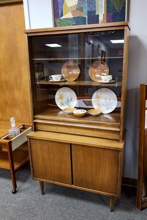 Mid Century Modern Small Scale Walnut, Antique China Cabinet With Sliding Glass Doors