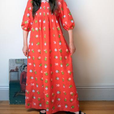 1970s Orange Floral Print Puff Sleeve Dress | Vintage Marimekko Maxi Dress 1977 