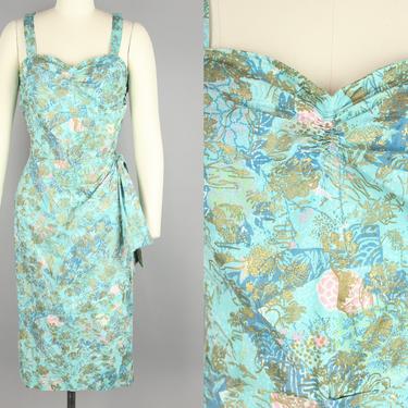 1940s Sarong Dress · Vintage 40s 50s Aqua Blue Dress with Gold & Pink Accents · Medium 