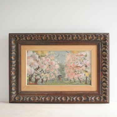 Vintage Cherry Blossom Tree Original Landscape Oil Painting, Signed Landscape Painting in Wood Frame 