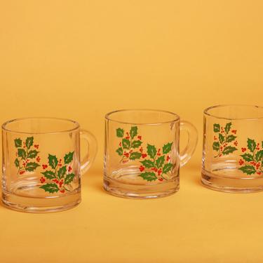 Set of 3 Vintage Clear Glass Mistletoe Christmas Cups Glasses 