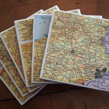 1949 Pennsylvania Vintage Map Coasters - Ceramic Tile Set of 6 - Repurposed 1940s Rand McNally Atlas - Handmade - State Map Philadelphia PA 