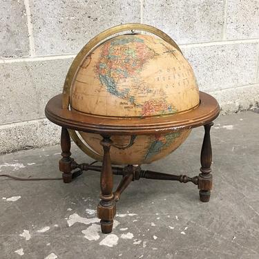 Vintage Globe Lamp Retro 1980s Replogle + World Premiere Series + 12 Inch Diameter + Accent Table Lamp + Brown Wood Stand + Mood Lighting 