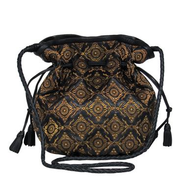 Isabella Fiore - Black Leather & Gold Embroidered "Grace" Bucket Bag