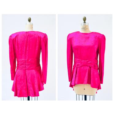 80s Glam Vintage Pink Fuchsia Silk Shirt Size Large XL with Long Sleeves Peplum 80s 90s Party Pageant Silk Shirt Blouse Large Oleg Cassini 