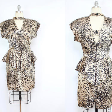 Vintage 80's Animal Print Dress / 1980's Silky Poly Wild Side Dress / Peplum / Cut Outs / Women's Size Medium by Ru