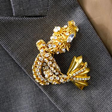 Vintage 70s 80s Gold & Rhinestone Braided Koi Fish Brooch w/ Scallop Shell Accents | 1970s 1980s Designer Art Deco Crystal Jeweled Pin 
