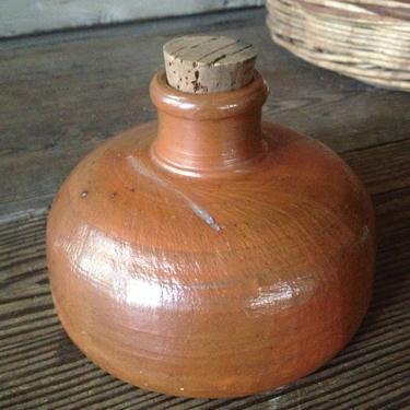 1900s French Stoneware Ink Bottle Jug Nautical Sailing Ship Bud Vase Cork Ancient Primitive 