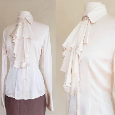 1990s Cream Silk Blouse Frilly Jabot Collar / 90s Long Sleeved Ivory Button Down Shirt Detachable Ruffled Collar Scarf / Levante / S 