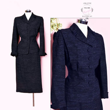 1940's Black Wool Women's Suit, Skirt &amp; Jacket 1950's Dark Suit, Blazer, MEDIUM, WWII Vintage Dress, Mid Century 