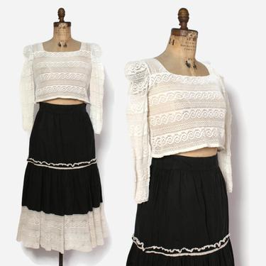 Vintage 50s PATIO Dress Set / 1950s Mexican Cotton Ivory &amp; Black Crochet Skirt and Crop Top 